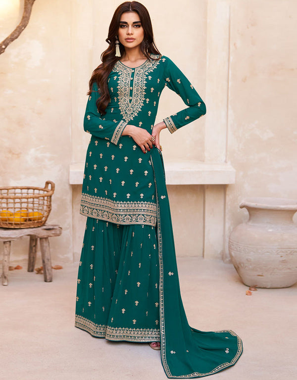Designer Party Wear Readymade Salwar Kameez Rama Green Real Georgette Sharara Suit Front View