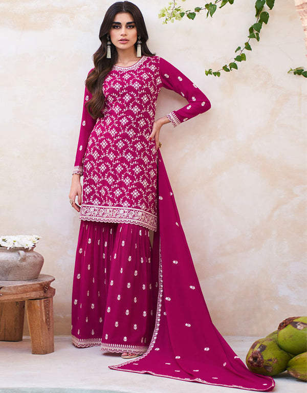 Designer Party Wear Readymade Salwar Kameez Rani Pink Real Georgette Sharara Suit Front View