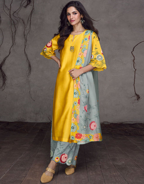 Designer Party Wear Readymade Salwar Suit Yellow Pure Silk Pant Straight Front View