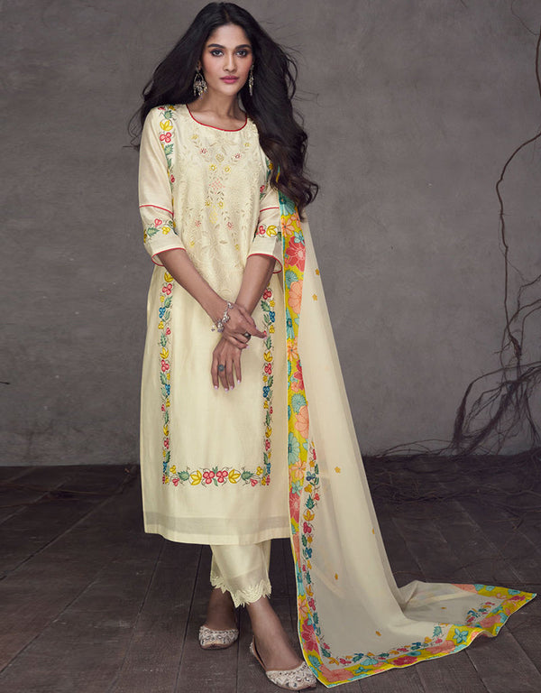 Designer Party Wear Readymade Salwar Suit Light Lemon Yellow Pure Silk Pant Straight Front View