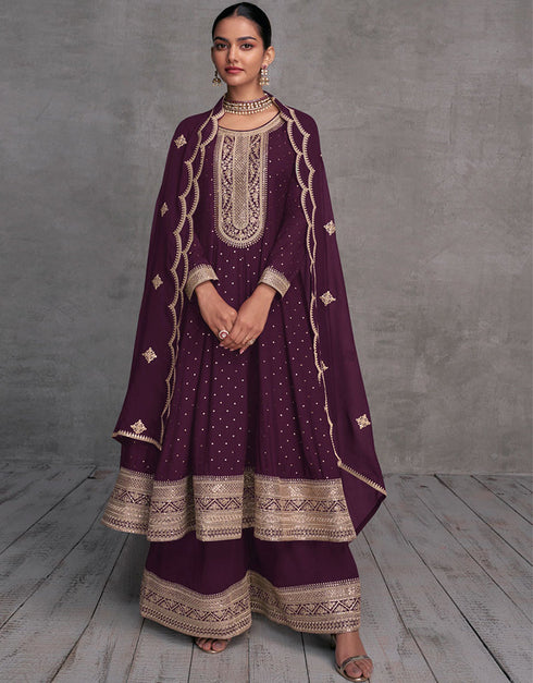 Designer Party Wear Readymade Salwar Kameez Wine Pure Viscose Palazzo Suit Front View