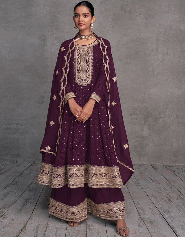 Designer Party Wear Readymade Salwar Kameez Wine Pure Viscose Palazzo Suit Front View