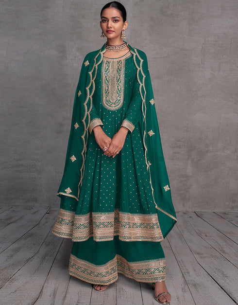 Designer Party Wear Readymade Salwar Kameez Rama Green Pure Viscose Palazzo Suit Front View
