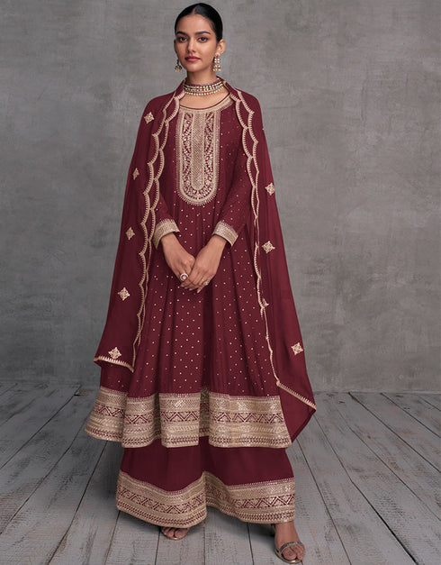 Designer Party Wear Readymade Salwar Kameez Maroon Pure Viscose Palazzo Suit Front View