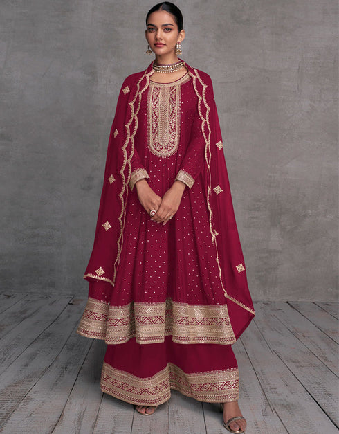 Designer Party Wear Readymade Salwar Kameez Red Pure Viscose Palazzo Suit Front View