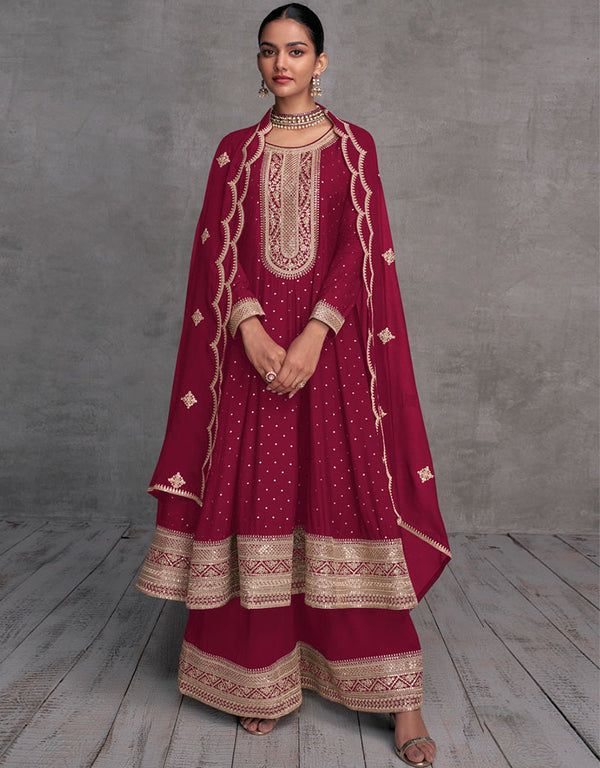 Designer Party Wear Readymade Salwar Kameez Red Pure Viscose Palazzo Suit Front View