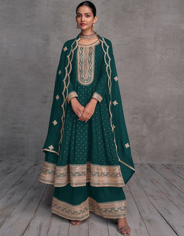 Designer Party Wear Readymade Salwar Kameez Teal Blue Pure Viscose Palazzo Suit Front View