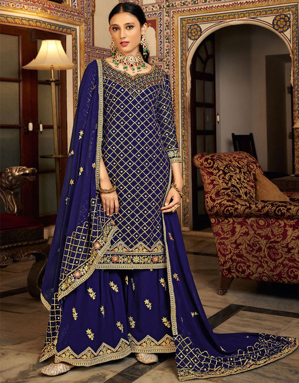 Traditional Party Wear Heavy Chinon Salwar Suit Blue Heavy Chinon Palazzo Suit Front View