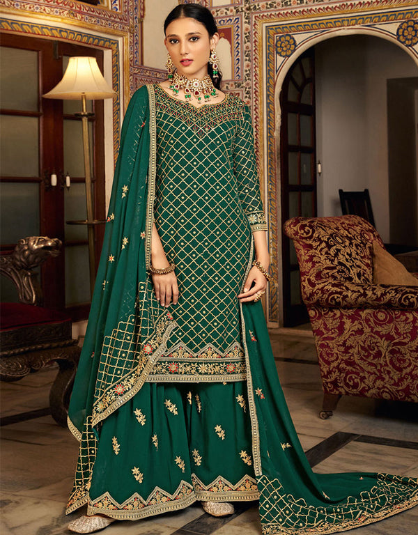 Traditional Party Wear Heavy Chinon Salwar Suit Green Heavy Chinon Palazzo Suit Front View