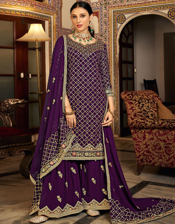 Traditional Party Wear Heavy Chinon Salwar Suit Purple Heavy Chinon Palazzo Suit Front View