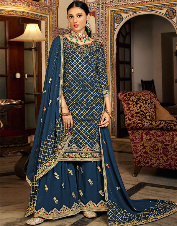 Traditional Party Wear Heavy Chinon Salwar Suit Teal Blue Heavy Chinon Palazzo Suit Front View