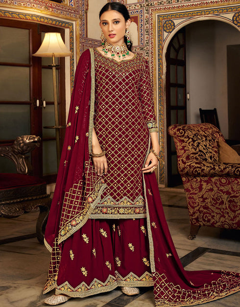 Traditional Party Wear Heavy Chinon Salwar Suit Maroon Heavy Chinon Palazzo Suit Front View