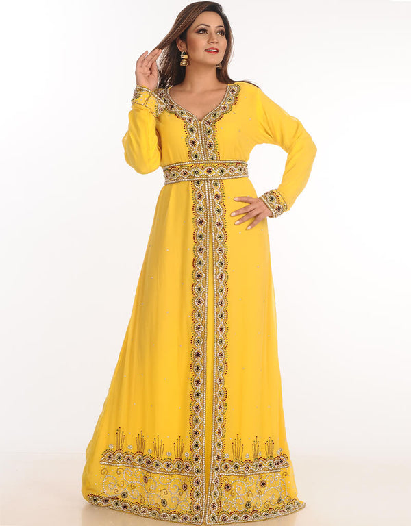 Muslimah Yellow Georgette Hand Embroidery Party Wear Kaftan