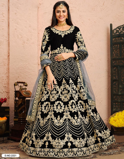 Black Anarkali style Suits 9000 Velvet Salwar Kameez in Embroidery, Stone and Lace Work Closure View Embroidery