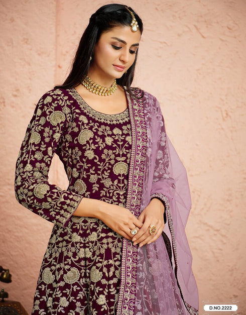 Dark Purple Anarkali style Suits 9000 Velvet Salwar Kameez in Embroidery, Stone and Lace Work Closure View