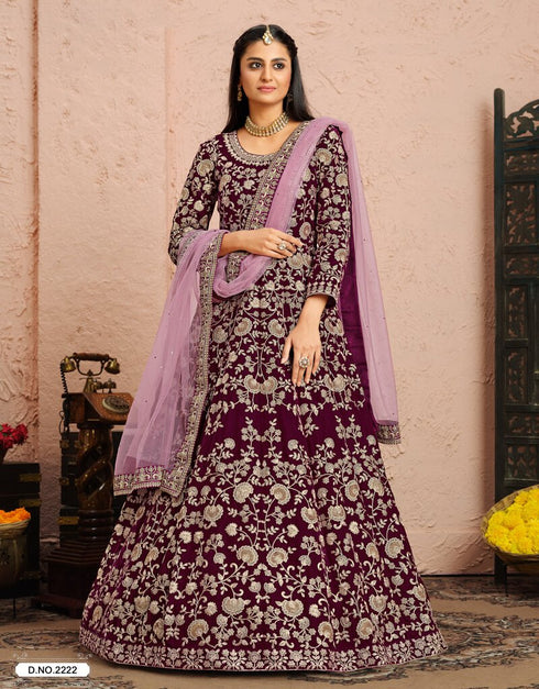 Dark Purple Anarkali style Suits 9000 Velvet Salwar Kameez in Embroidery, Stone and Lace Work