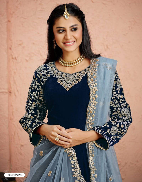 Navy Blue Anarkali style Suits 9000 Velvet
