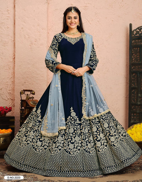 Navy Blue Anarkali style Suits 9000 Velvet Salwar Kameez in Embroidery, Stone and Lace Work Closure View Embroidery