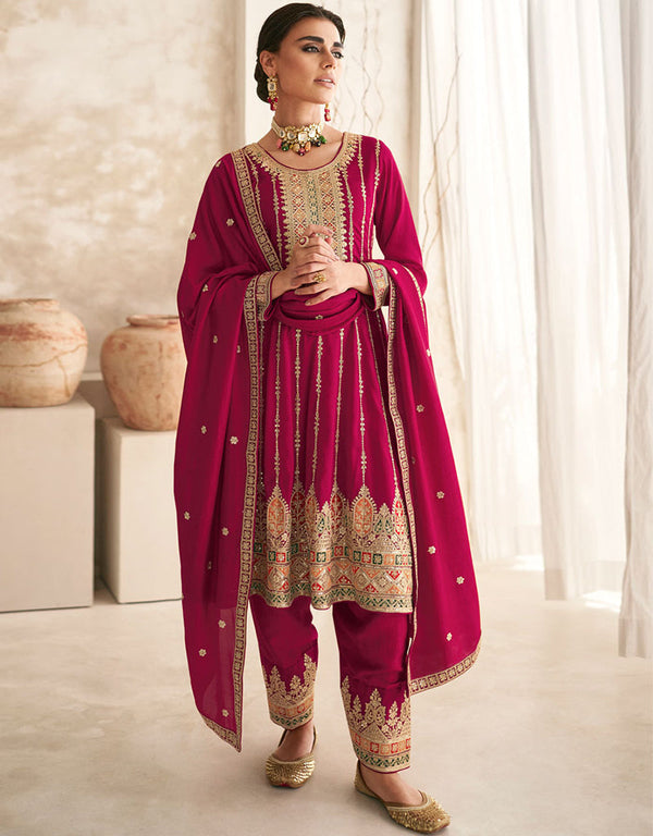Treding Party Wear Premium Silk Premium Salwar Suit Rose Red Premium Silk Pant Suit Front View