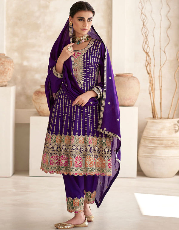 Designer Party Wear Readymade Salwar Kameez Purple Premium Silk Pant Suit Front View