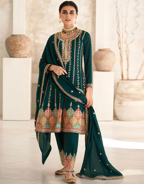 Treding Party Wear Premium Silk Premium Salwar Suit Bottle Green Premium Silk Pant Suit Front View