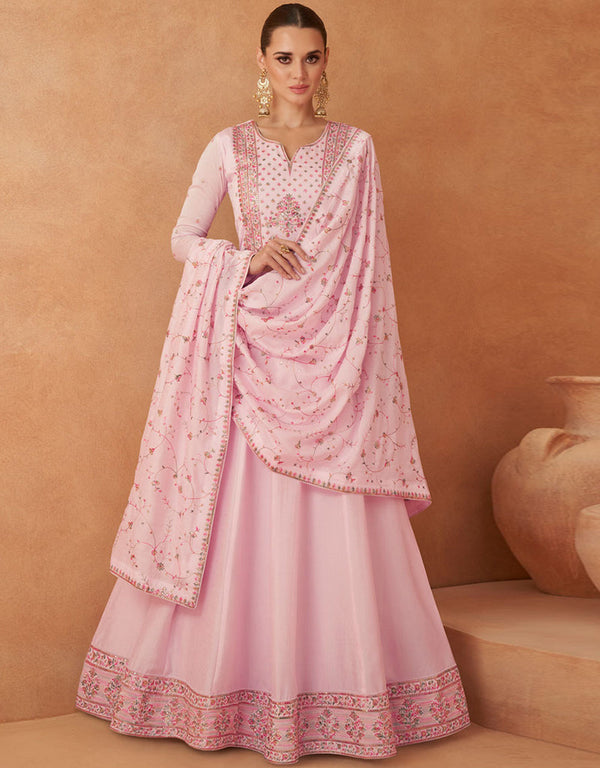 Designer Party Wear Readymade Top With Dupatta Light Pink Premium Silk Pant Anarkali Front View