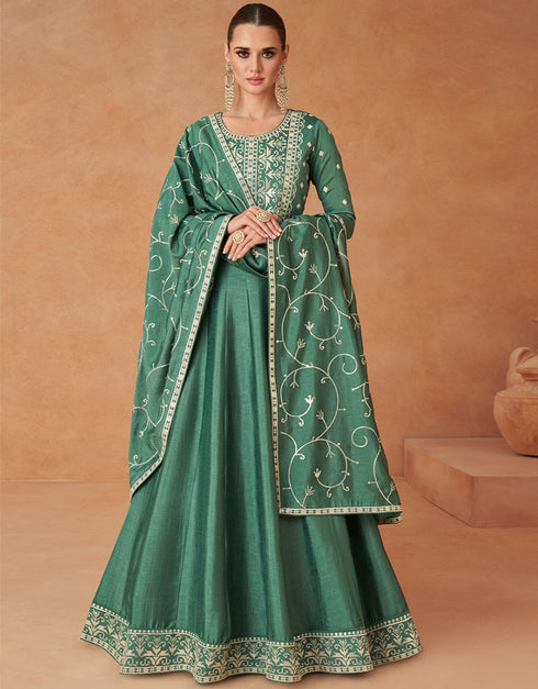Designer Party Wear Readymade Top With Dupatta Sea Green Premium Silk Pant Anarkali Front View