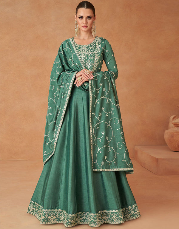 Designer Party Wear Readymade Top With Dupatta Sea Green Premium Silk Pant Anarkali Front View