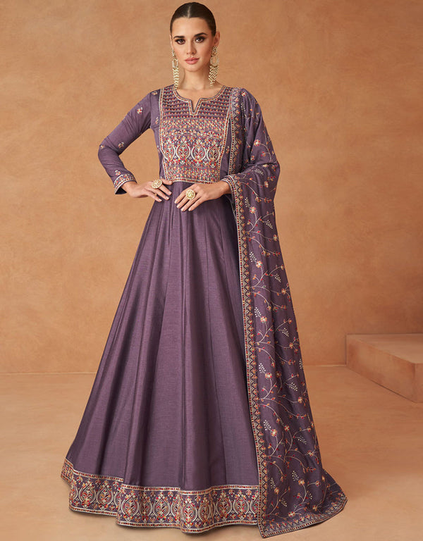 Designer Party Wear Readymade Top With Dupatta Wine Premium Silk Pant Anarkali Front View