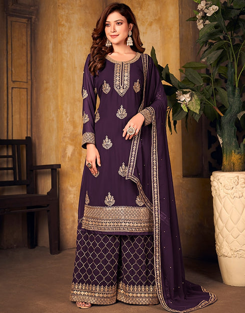 Purple Faux Georgette Palazzo Suit Closure View