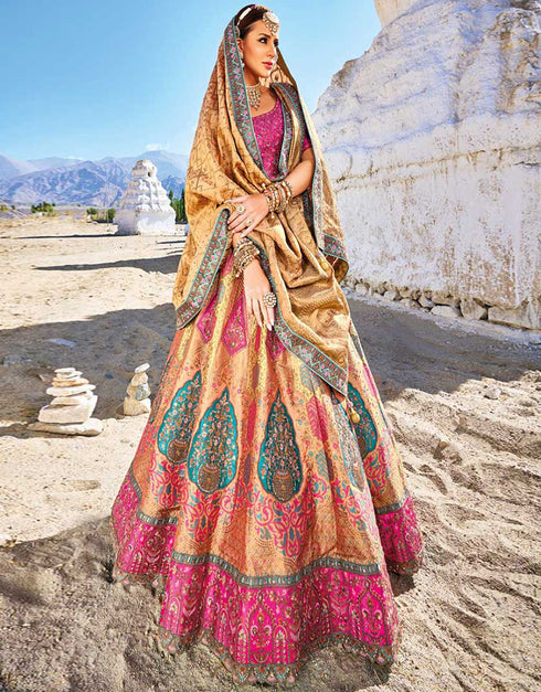 Heavy Designer Wedding Wear Silk Lehenga Choli Ranipink Art Silk Lehenga Choli Front View