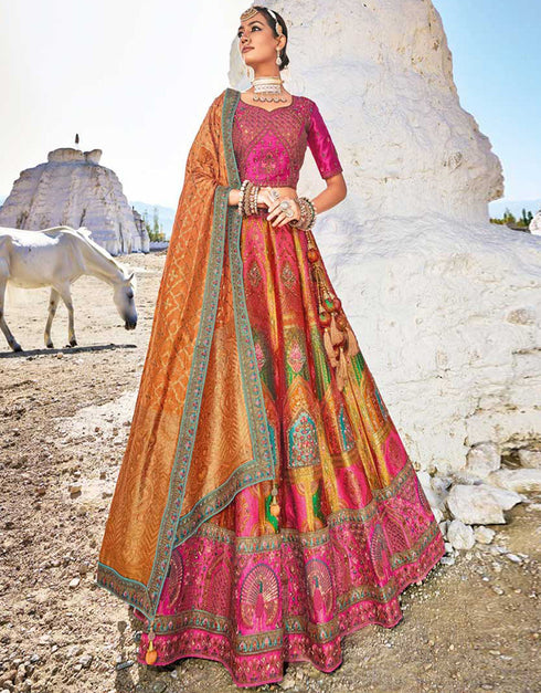 Heavy Designer Wedding Wear Silk Lehenga Choli Ranipink Art Silk Lehenga Choli Front View