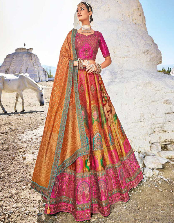 Heavy Designer Wedding Wear Silk Lehenga Choli Ranipink Art Silk Lehenga Choli Front View