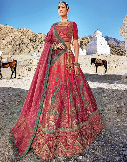 Heavy Designer Wedding Wear Silk Lehenga Choli Chery Art Silk Lehenga Choli Front View