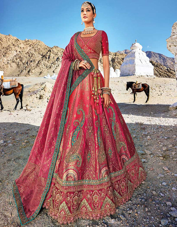Heavy Designer Wedding Wear Silk Lehenga Choli Chery Art Silk Lehenga Choli Front View