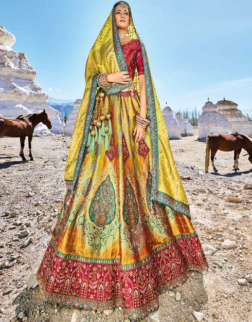 Heavy Designer Wedding Wear Silk Lehenga Choli Maroon Art Silk Lehenga Choli Front View