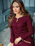 Dark Wine Pant style Straight Faux Georgette Salwar Kameez in Embroidery, Stone & Lace Work Closure View