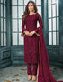 Dark Wine Pant style Straight Faux Georgette Salwar Kameez in Embroidery, Stone & Lace Work