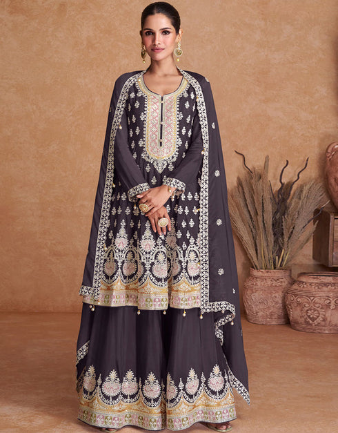 Designer Heavy Traditional Salwar Kameez Purple Mauve Real Chinon Palazzo Suit Front View