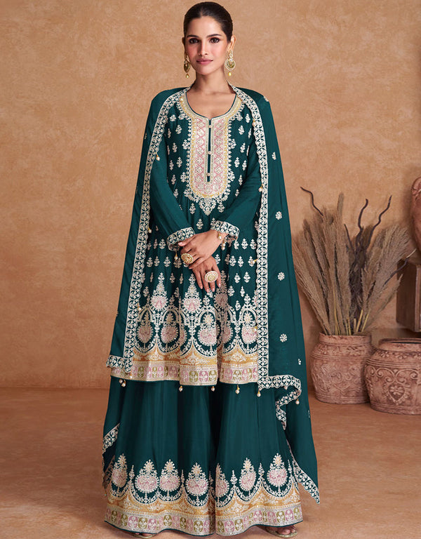 Designer Heavy Traditional Salwar Kameez Rama Green Real Chinon Palazzo Suit Front View