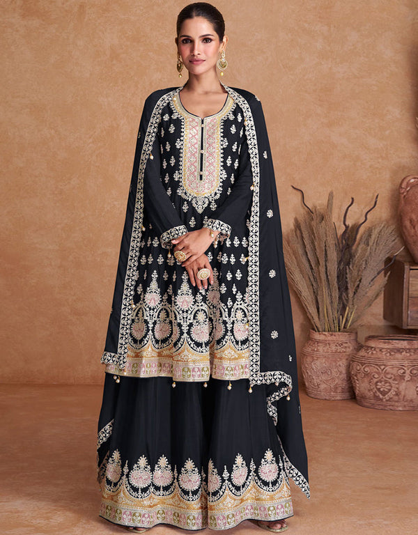 Designer Heavy Traditional Salwar Kameez Black Real Chinon Palazzo Suit Front View