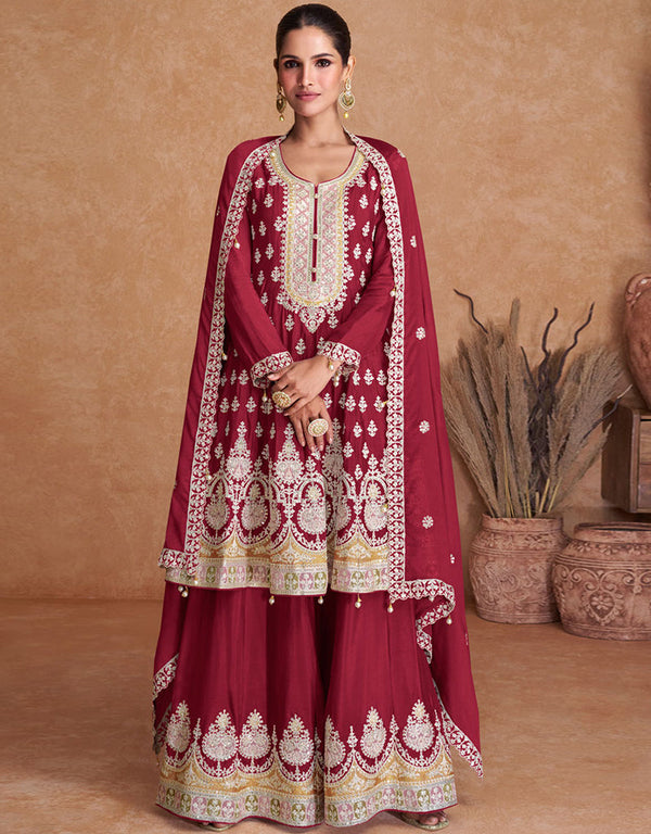 Designer Heavy Traditional Salwar Kameez Red Real Chinon Palazzo Suit Front View