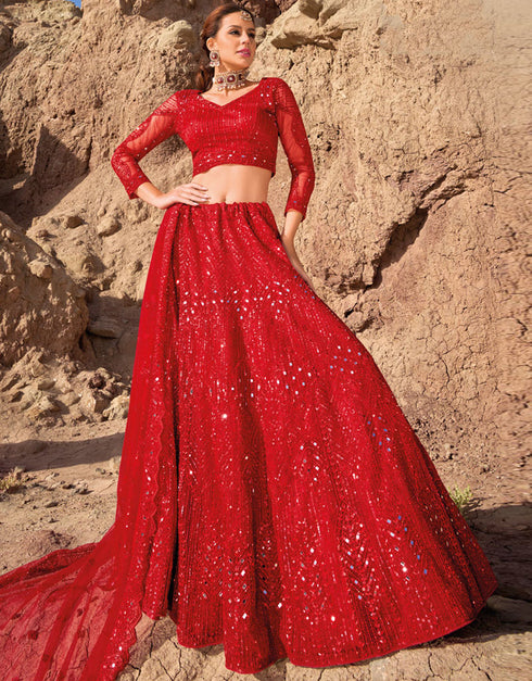 Exclusive Party Wear Heavy Lehenga Choli Collection Red Pure Net Lehenga Choli Front View