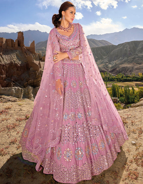 Exclusive Party Wear Heavy Lehenga Choli Collection Frost Pink Pure Organza Lehenga Choli Front View