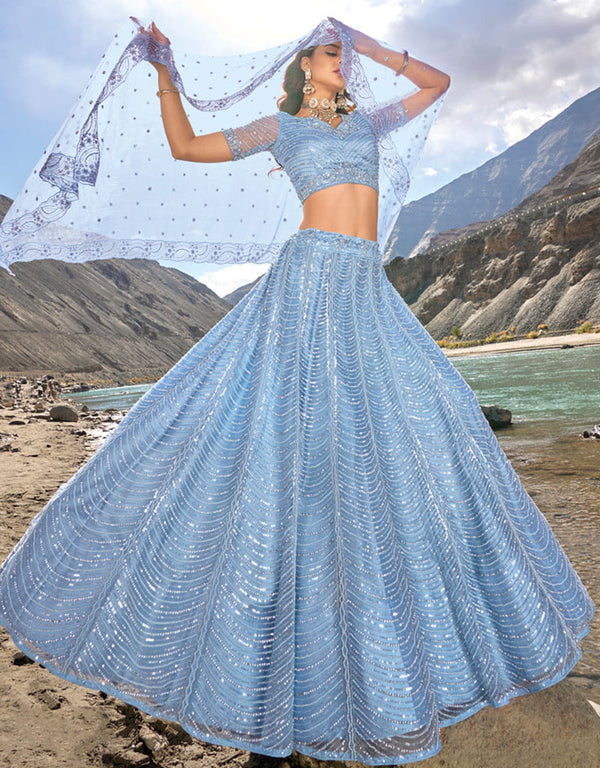 Exclusive Party Wear Heavy Lehenga Choli Collection Mint Blue Pure Net Lehenga Choli Front View