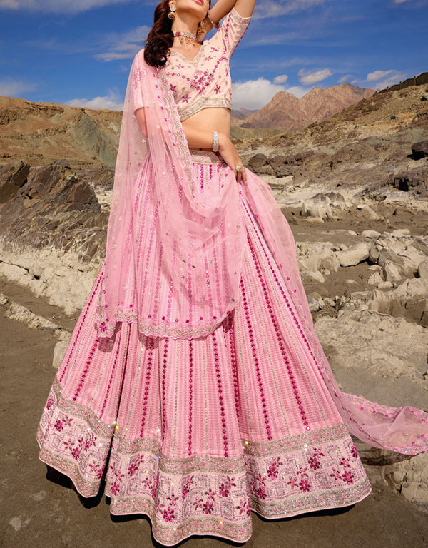 Exclusive Party Wear Heavy Lehenga Choli Collection Pink Pure Georgette Lehenga Choli Front View