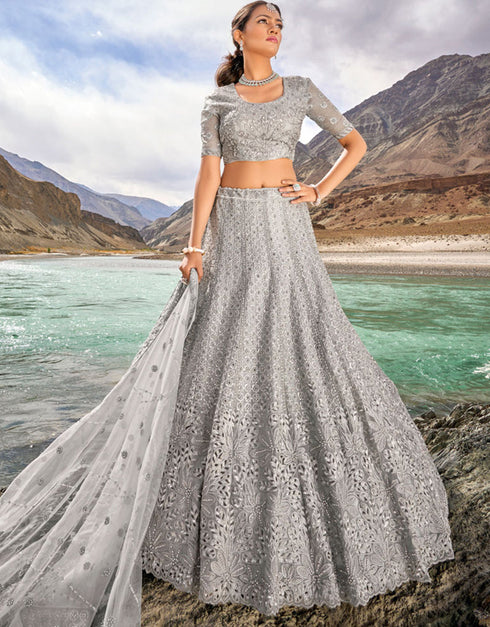 Exclusive Party Wear Heavy Lehenga Choli Collection Grey Pure Organza Lehenga Choli Front View