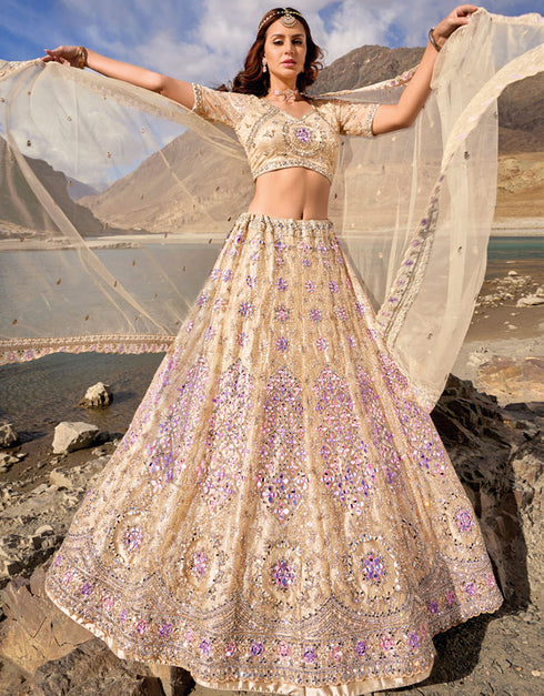 Exclusive Party Wear Heavy Lehenga Choli Collection Cream Pure Net Lehenga Choli Front View