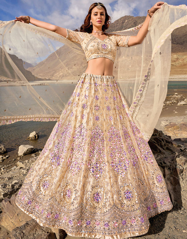 Exclusive Party Wear Heavy Lehenga Choli Collection Cream Pure Net Lehenga Choli Front View
