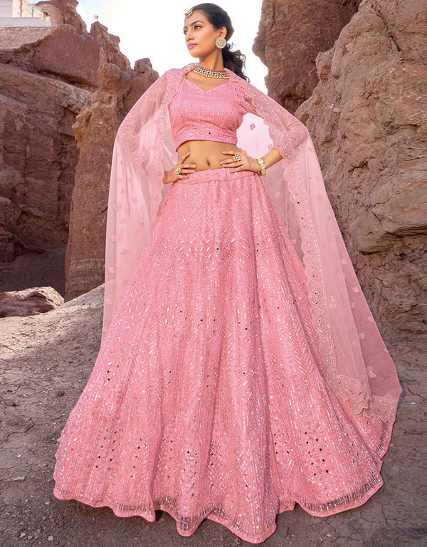 Exclusive Party Wear Heavy Lehenga Choli Collection Pink Pure Net Lehenga Choli Front View